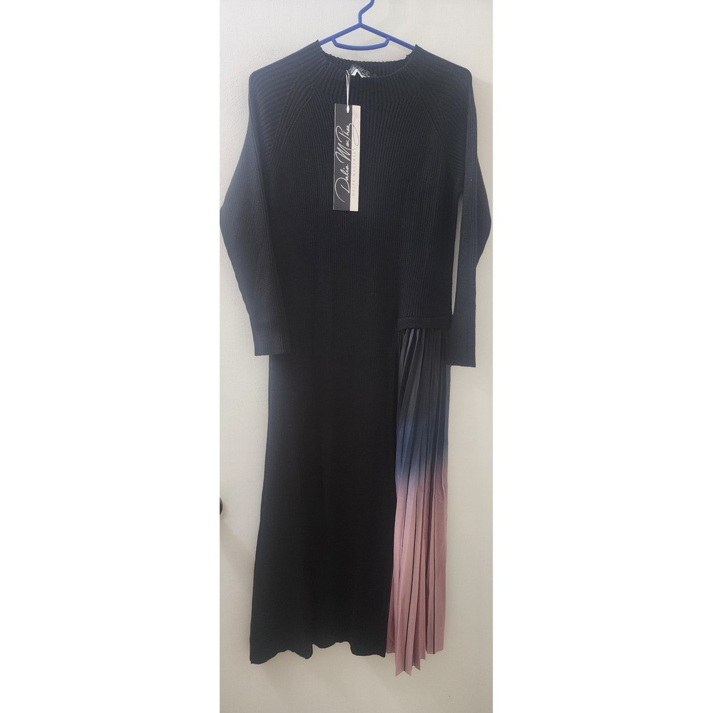 Dalia MacPhee Black Ribbed Knit Pleated Ombre Midi Sweater Dress D335 Large NEW